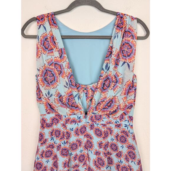 Saloni Midi Dress Adrienne Ciel Dragonfruit Ruffle Silk Floral Blue Size 4 - Picture 7 of 13